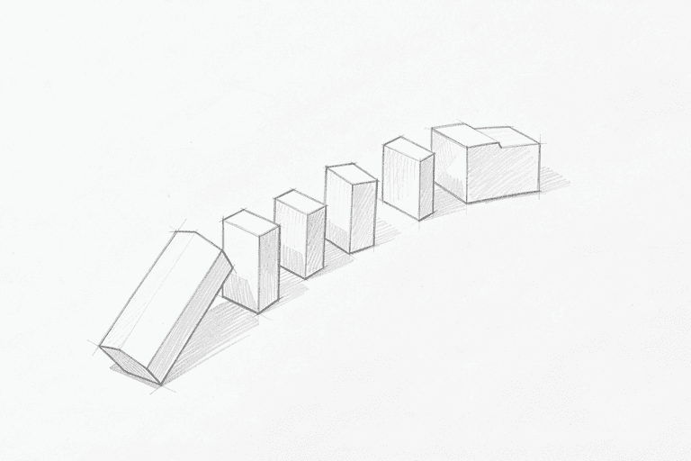 도미노 자동화: 웹훅 하나로 서비스 5개가 연쇄 반응하는 구조 — pencil-sketch 스타일 키 비주얼